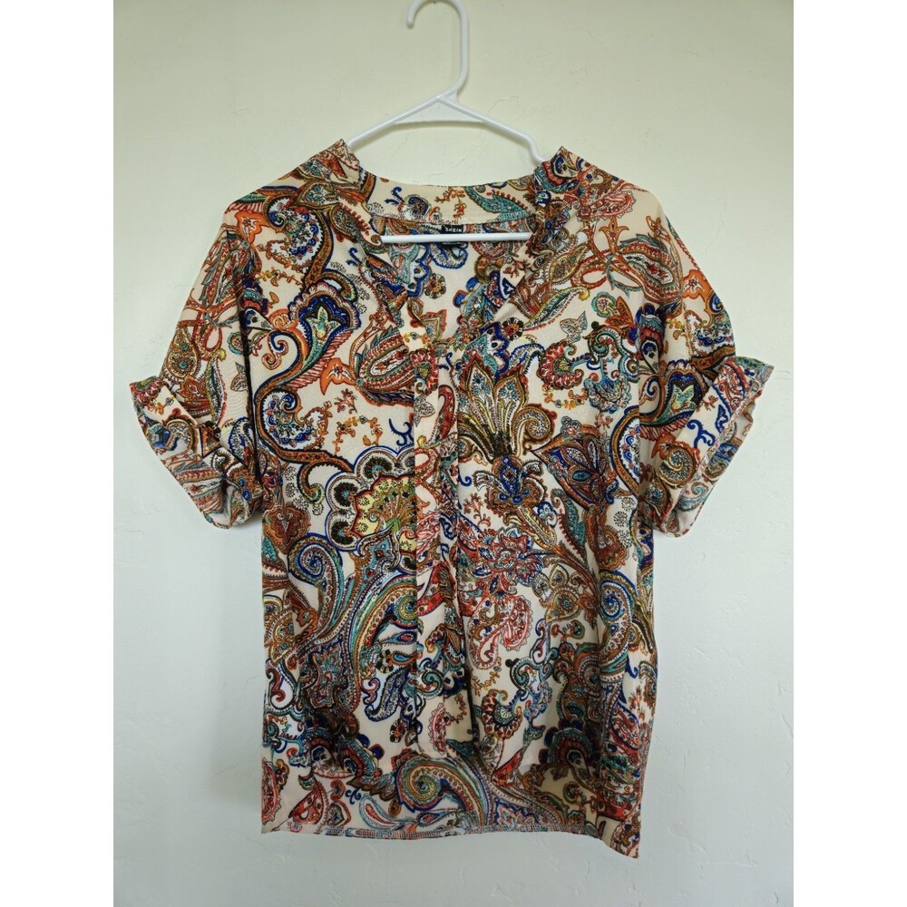 Shein Women's Paisley Vneck Cuffed Short Sleeve Blouse, Size M